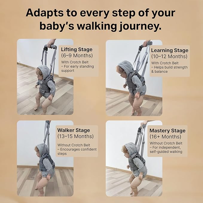 Watolt Baby Walking Helper Harness - Help Toddlers Learn to Walk Stand Up with Adjustable Handheld Walker - Learning Assistance Safety Belt Harness Support for Babies 6 to 24 Months (Grey)