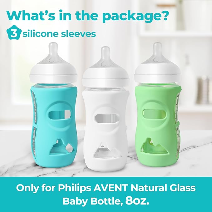 3 Pack Silicone Sleeves for Philips Avent Natural Glass Baby Bottles, Food Grade Silicone Anti Breakage Baby Bottles Holder, Compatible with Philips Avent Glass Natural Baby Bottle 8oz