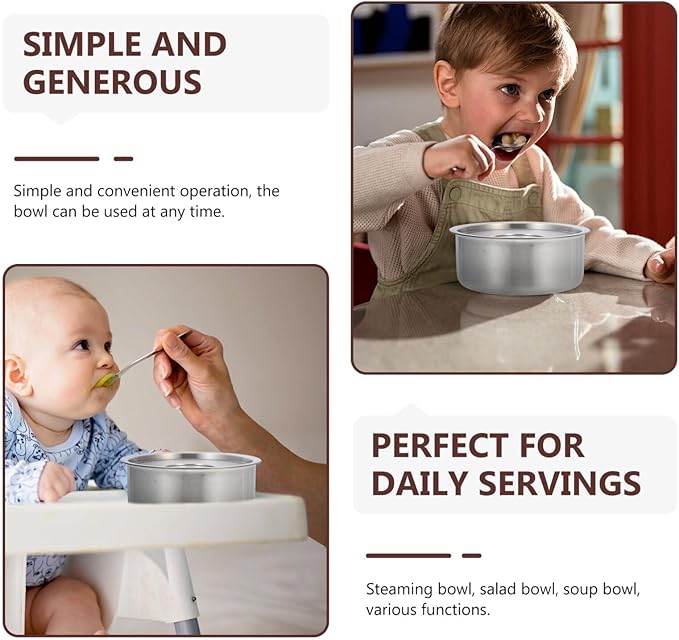 Cabilock Stainless Steel Baby Food Bowl with Lid 4.72 Inch Portable Steamed Egg Soup Container Supplementary Feeding Bowl for Home Cooking Picnic Camping