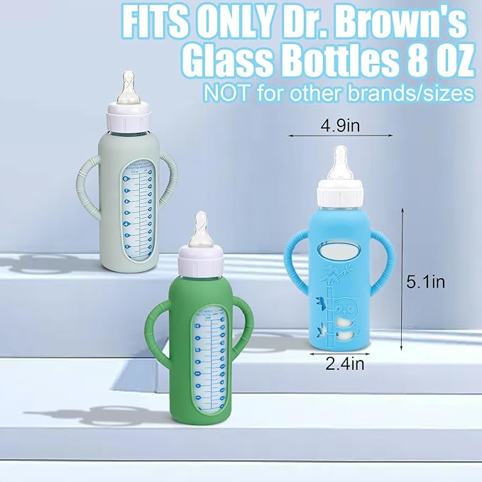 3 Pack Silicone Sleeves for Dr. Brown's Glass Bottles 8 OZ - Anti Breakage Baby Bottle Holder, Compatible with Dr. Brown's Glass Bottles for Babies with Handle (Other Products Cannot be adapted)