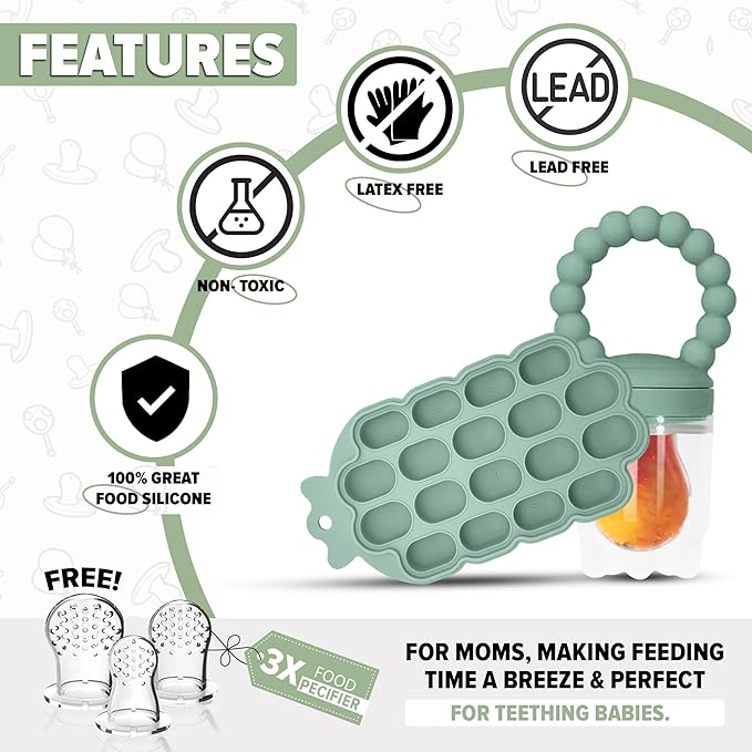 O’doe Baby Popsicle Molds Teething Set (18-Hole) - Fruit Pacifier Feeder with 1 Clip, 1-Pack Freezer Tray with Lid and 6 Extra Pacifiers, Teething Popsicle Mold BPA-Free