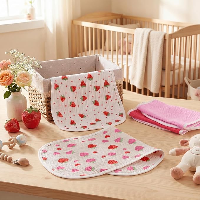 Hahafelt 4 Pcs Strawberry Baby Burp Cloths 100% Cotton Absorbent & Soft Burping Cloth Newborn Towel 2-in-1 Large Size Baby Spit up Burping Rags Set for Boys and Girls Infant Newborn