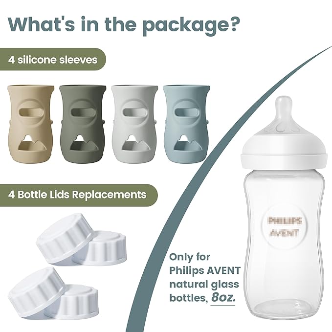 4 Pack Silicone Sleeves for Philips Avent Natural Glass Baby Bottles, Food Grade Silicone Cover and 4pcs Travel Caps, Lids Replacement (Dark Blue+Dark Green+Grey+Beige, 8oz)