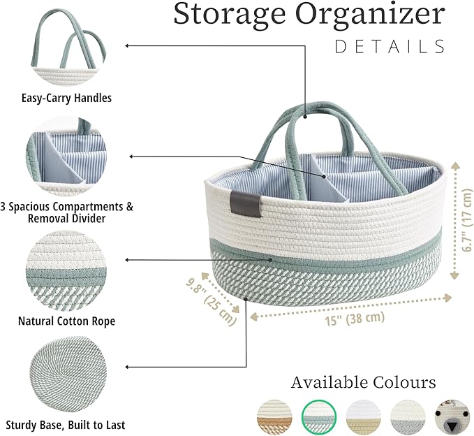 DECOMOMO Baby Caddy Organizer, Mother's Day Diaper Caddy Basket, Baby Baskets for Baby Shower (Sage Green & White, Large)