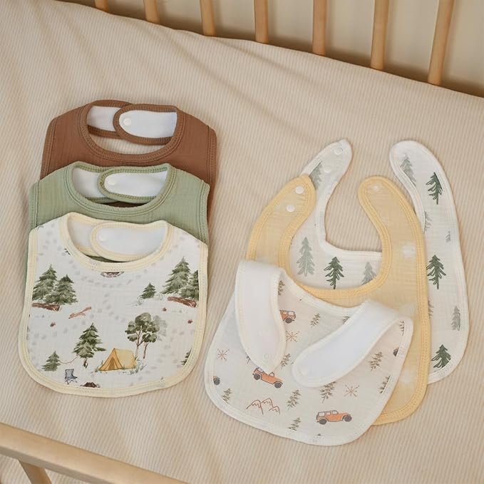 GLLQUEN BABY Muslin Drool Bibs for Boys Girls 6 Pack, Adjustable Baby Bibs for Drooling and Teething, Soft Cotton Baby Bandana Bib for Newborn Feeding Essentials (Cross-country Adventure)