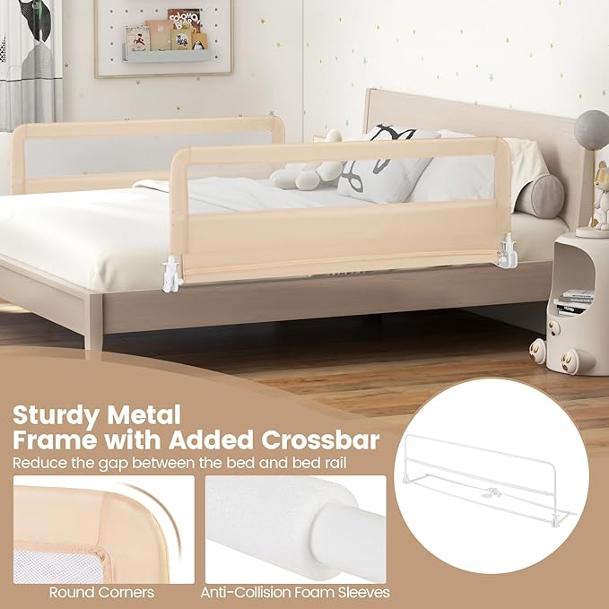 HONEY JOY Bed Rail for Toddlers, 59-in Extra Long, Portable Safety Guardrail w/Double Safety Child Lock, Foldable Baby Bed Rail Guard, Fit King & Queen Full Twin Size Bed Mattress (2 Pack, Beige)