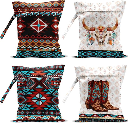 4 Pack Southwestern Boho Aztec Wet Bag Waterproof Washable Reusable Wet Dry Bag for Swimsuit Clothes Cloth Diaper Travel Beach Pool Yoga Gym Toiletries Gift for Women Sister Bestie Birthday Christmas