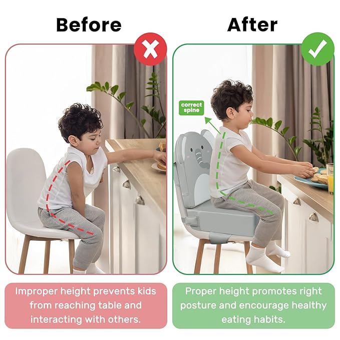 Toddler Booster Seat for Dining Table with Backrest, 4inch Non-Slip Kids Booster Seat for Kitchen Chair, PU Waterproof Detachable Increasing Cushion (Gray Elephant)