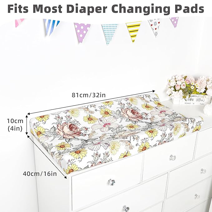 Changing Pad Cover, Diaper Baby Changing Table Covers for Girls & Boys, HNHUAMING Soft Fitted Changing Mat Cover Stretchy Nursery Changing Pad Sheets, Floral (32 X 16 Inches)