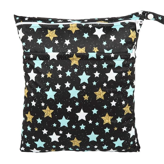2 Wet Bags Reusable Diaper Nappy Waterproof With Two Zippered Pockets (Stars and Galaxy)