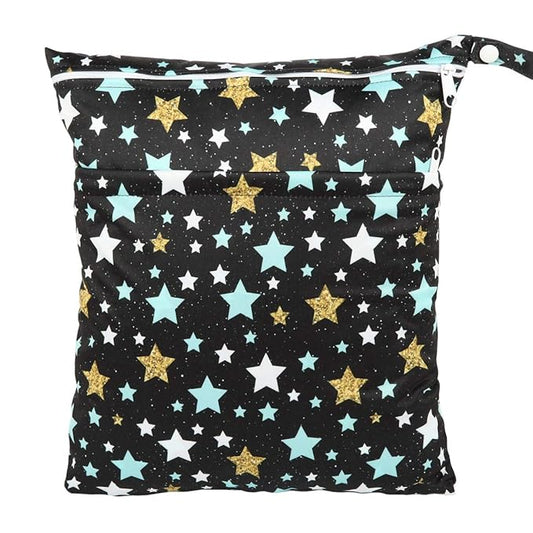 Wet Bag Baby Cloth Diaper Nappy Bag Reusable Washable With Two Zippered Pockets (Stars)