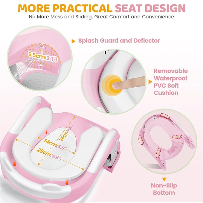 Orzbow Potty Training Seat, Toddler Toilet Seat with Step Stool Ladder, 2-in-1 Toddler Potty Training Toilet Chair for Kids Boys Girls - 5-Level Adjustable Height | Splash Guard | Anti Slip Pad, Pink