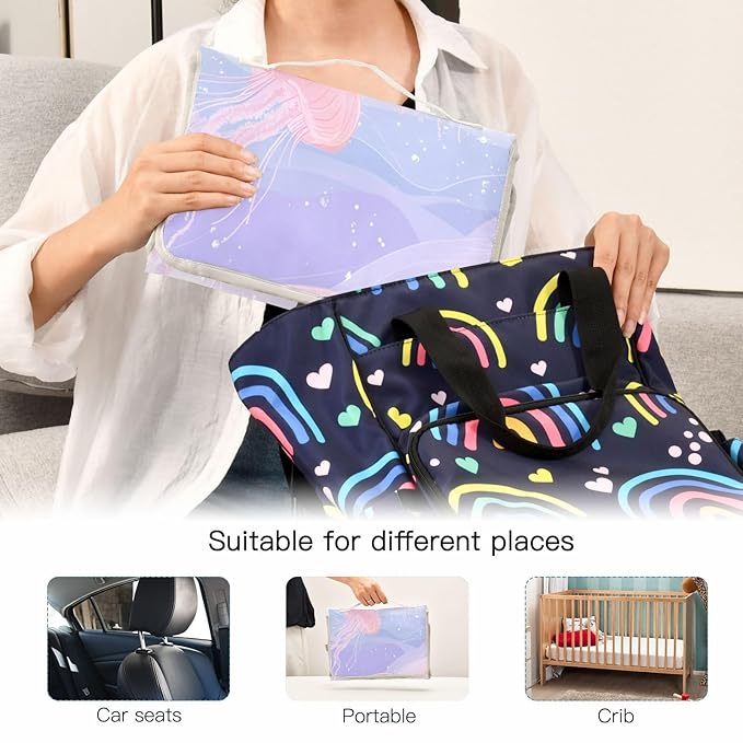 Portable Diaper Changing Pad Travel Baby Changing Mat Waterproof Diaper Changing Mat Foldable Lightweight Baby Changer with Built-in Pillow Cartoon Jellyfishes Bubbles Pastel Ocean Jellyfish