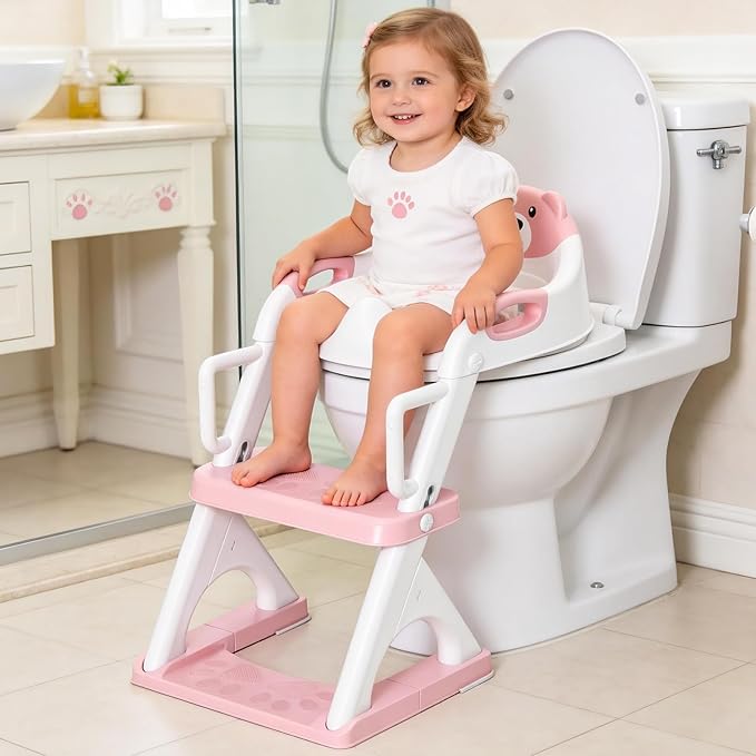 Potty Training Seat with Step Stool Ladder, Toddler Toilet Seat for Boys Girls, Adjustable 6 Heights Fits Round & Elongated Toilets, Anti-Slip Pads & Leak-Proof Guard, Pink