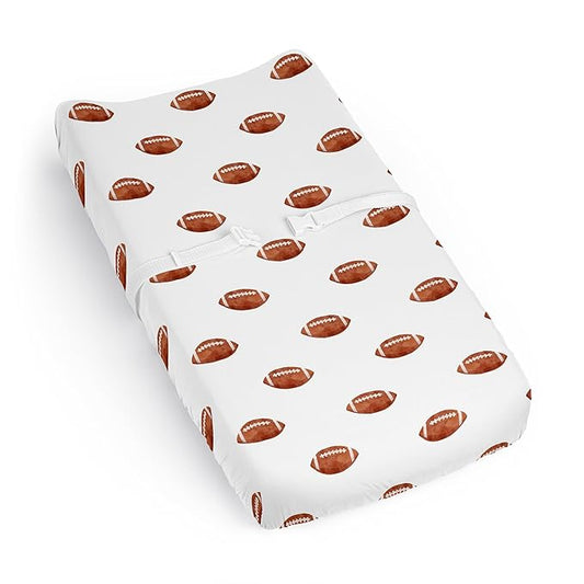 Sweet Jojo Designs Baby Changing Pad Cover Sheet (Brown and White Football) for Boys, Infant/Newborn Diaper Change Table Mat Covers (for the Sports Theme, Watercolor, Vintage Sport Themed Collection)