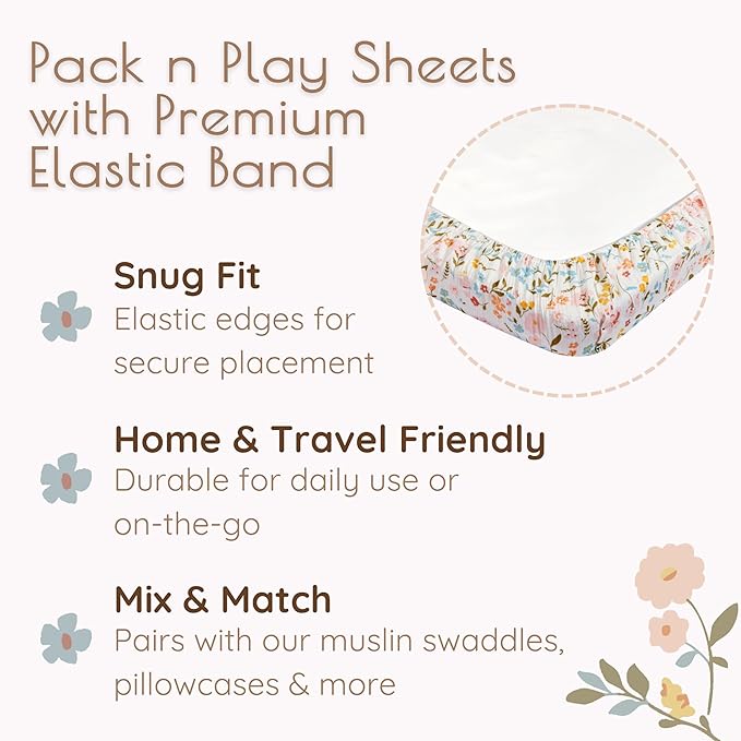 2-Pack Muslin Pack and Play Sheets Fitted, Cotton Muslin Mini Crib Sheets Girl, 27" x 39", Fits Graco Pack n Play Mattress, Playpen Sheets Pack n Play, Oeko-Tex (Floral Pink Pack n Play Sheets)