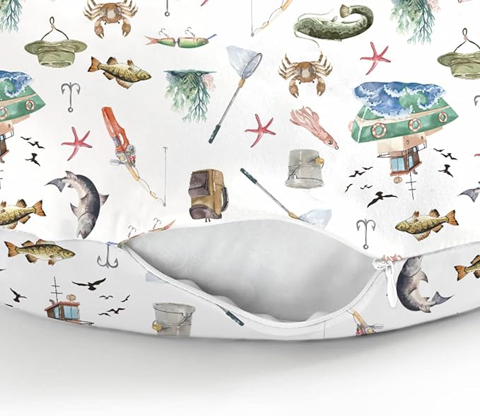 Gone Fishing Baby Nursing Pillow Covers for Boy Girl Ocean Boats Fishes Crabs Seaweed Nursing Pillowcase for Breastfeeding Pillows Fishing Lovers Gift Soft Stretchy Slipcovers for Newborn Infant
