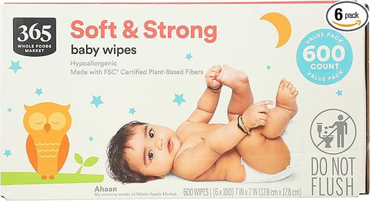 365 by Whole Foods Market, Soft & Strong Disposable Baby Wipes, Fragrance-Free, 100 Count (Pack of 6)