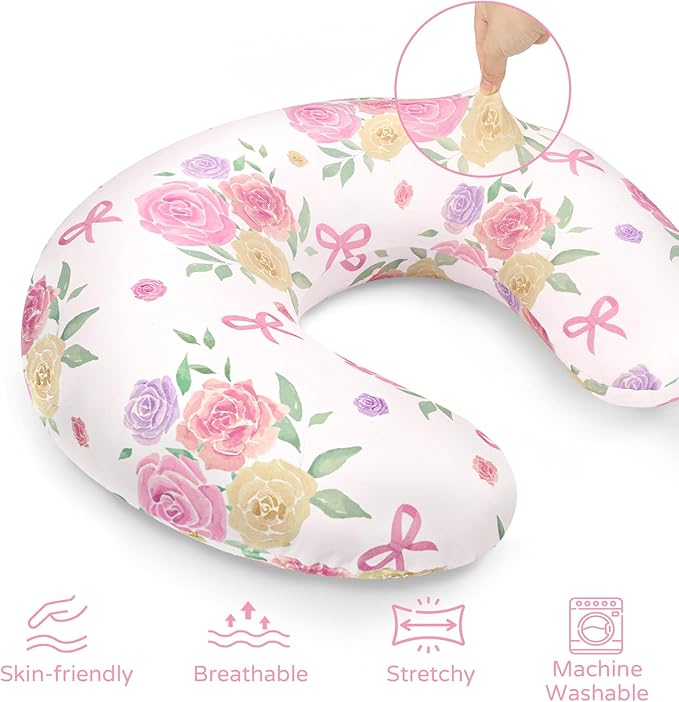 Nursing Pillow Cover, Floral Breastfeeding Pillow Cover for Baby Girls Boys, Soft Stretchy Nursing Pillowcase for Infant Newborn, Removable Slipcover for Nursing Pillows, Pink Rose(Only Cover)