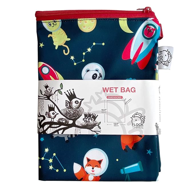 FLOCK THREE Washable and Reusable Wet Bag Diaper Bag Water Resistant Swimming Bag Travel Toiletries Pouch Cute Animal Zippered 12.6'' x 16.5''