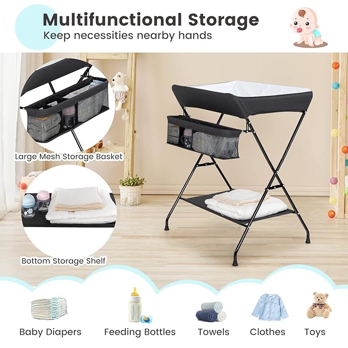 HONEY JOY Changing Table, Folding Nursery Organizer with Open Shelf & Safety Belt, Portable Diaper Changing Station for Newborn (Black, Basic)