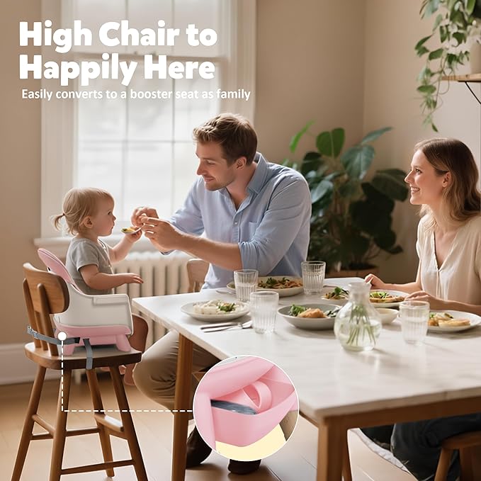 TODEFULL 8 in 1 Wooden High Chairs for Babies Toddlers, Convertible to Booster Seat, Baby Feeding Highchair w/ 5-Point Safety Harness, Removable Tray & Cushion, Pink