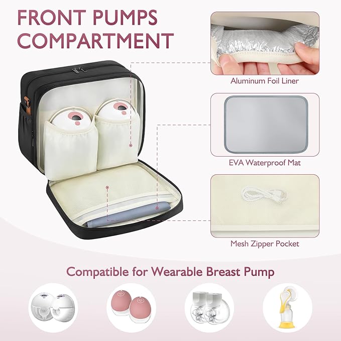Detachable Breast Milk Cooler Travel Bag with Ice Pack, Double Layer Breast Pump Bag Compatible for Wearable Breast Pump, Portable Breastmilk Cooler Bag & Carrying Case with Waterproof Mat
