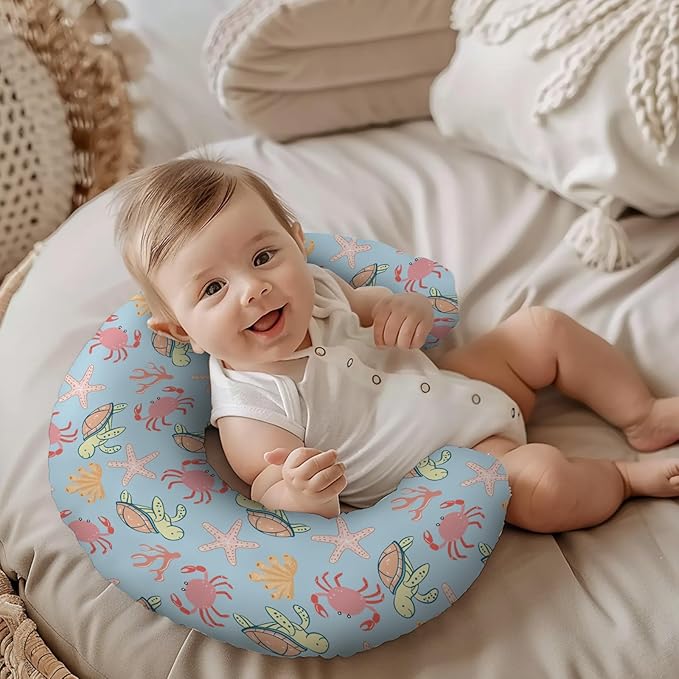 Cartoon Ocean Animal Crab Sea Turtle Starfish Pattern Nursing Pillow Cover, Unisex Removable Breastfeeding Pillowcase Slipcover for Baby Girls Boys Newborns Toddlers, Cover Only