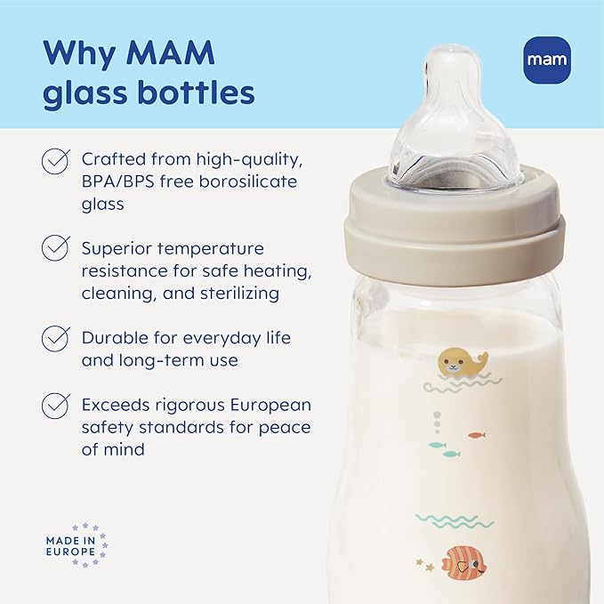 MAM 9oz Premium Glass Wide Neck Baby Bottle with Medium Flow Breastfeeding-Like Silicone Nipple, Easy to Clean, BPA Free, 2+ Months, Easy Switch Between Breast and Bottle, Made in Europe, 3 Pack