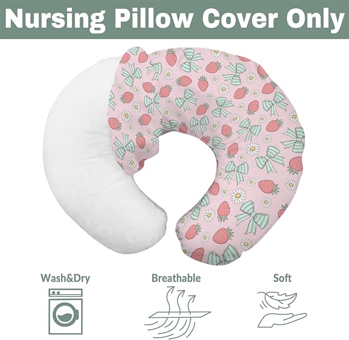 Pink Strawberry Green Bows Daisy Baby Nursing Pillow Covers for Boy Girl Strawberries Bows Nursing Slipcovers for Breastfeeding Pillows Cute Summer Fruit Soft Stretchy Cover for Newborn Infant