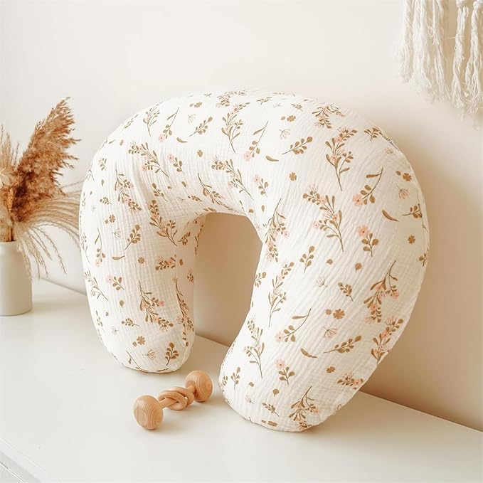 2 Pack Newborn Muslin Nursing Pillow Covers Soft Nursing Cover for Breastfeeding Pillow Slipcover for Baby Girls Boys (Light Brown+Brown Flowers)