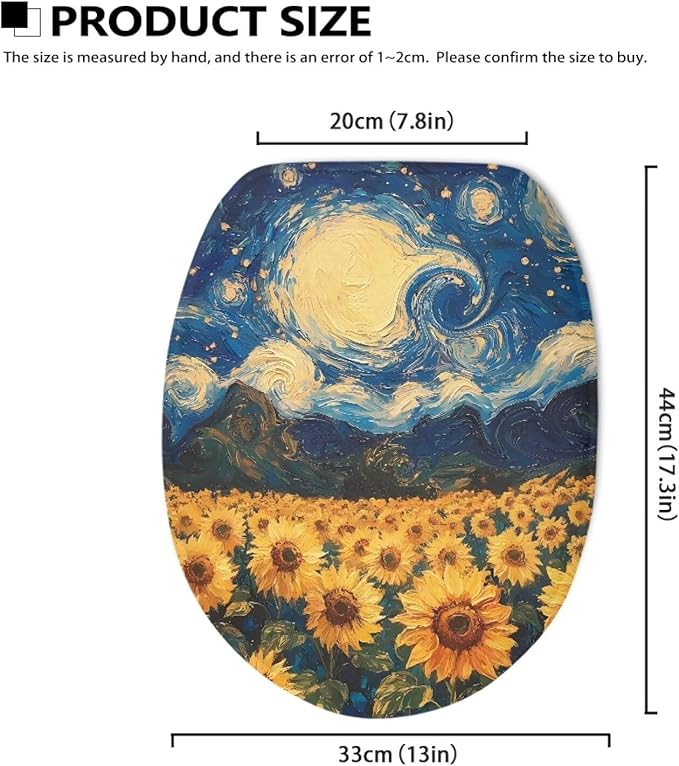 Starry Night Sunflower Toilet Cover Elastic Edges Seat Covers Soft and Breathable Toilet Lid Covers for Bathroom Fits Most Toilet Lids Covers，Oil Painting Bathroom Decoration