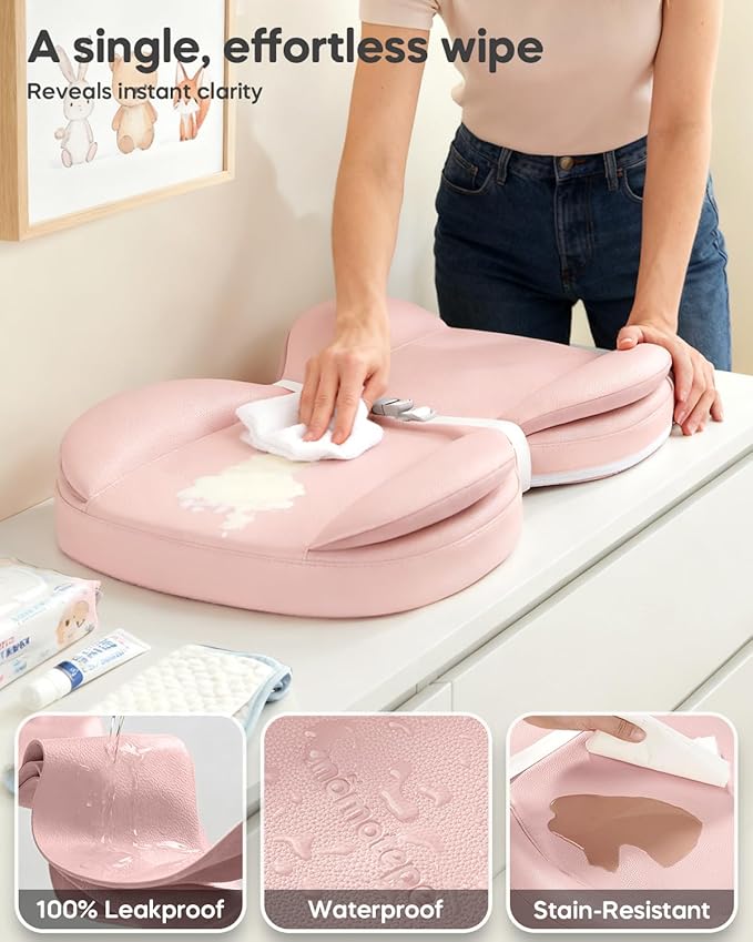 Baby Changing Pad with Waterproof & Wipe-Clean, Non-Slip PU Diaper Changing Pad, Adjustable Safety Belt, Changing Pad for Dresser, Changing Table,28"X16",Pink