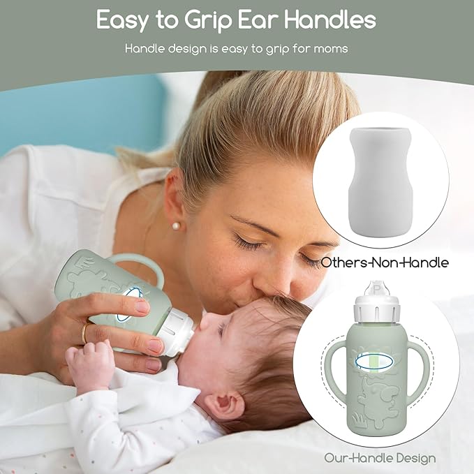 4 Pack Silicone Sleeves for Dr. Brown's Glass Baby Bottles -Drop Protection Easy-Grip Baby Bottle Sleeves Holder with Handles, Compatible with Dr. Brown's Newborn Glass Bottles 4 oz/120 ml