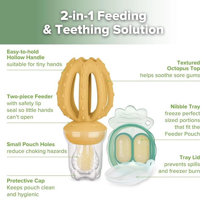 Haakaa Octopus Baby Fruit Food Feeder & Mini Freezer Nibble Tray Combo, Breastmilk Popsicle Molds for Cooling Relief, BPA Free Silicone Feeder for Safe Infant Self Feeding, 4 Month+（Mustard）
