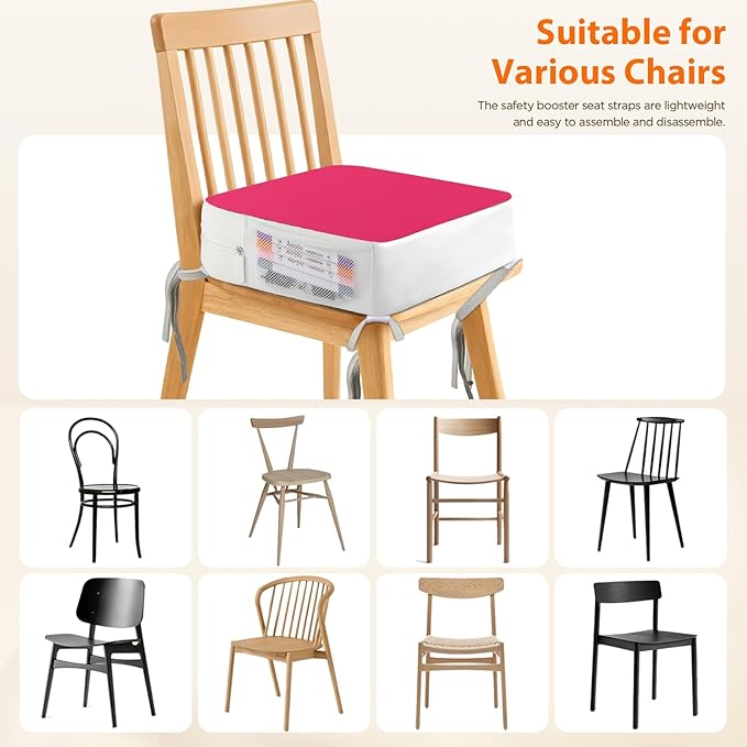 Booster Seat for Kitchen Chair, 3.8" Toddler Booster Seats for Dining Table with Ties, PU Dining Booster Seat with Side Pockets, Non-Slip & Removable Booster Seat for Table Increasing Cushion (Pink)