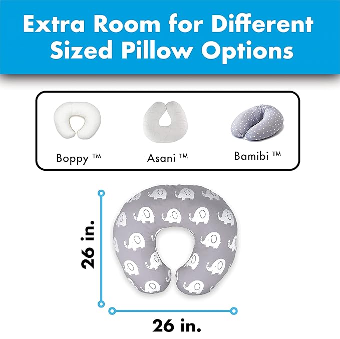 Nursing Pillow Cover | Soft Water Resistant and Machine Washable Fabric | Unisex Grey Elephant Print Design | Great for Breastfeeding and Bottle Feeding Mothers
