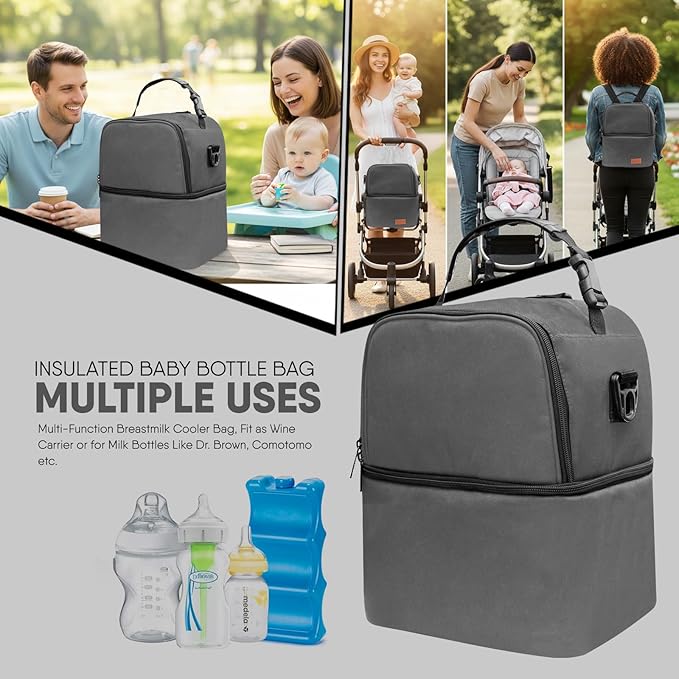 Breast Pump Bag for Spectra S1 S2, Insulated Travel Backpack with Ice Pack Fits 6 Baby Bottles, Wearable Breastmilk Double Layered Cooler Bag with Removeable Straps for Nursing Mom Daycare