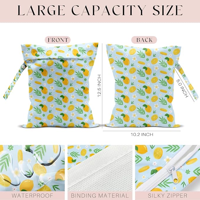 Wet Bag, Wet Dry Bag, Waterproof Swim Bags, Machine Washable Reusable Bags for Beach, Pool, Diapers, and Dirty Yoga Gym Clothes(Modern Ditsy Lemon Pattern