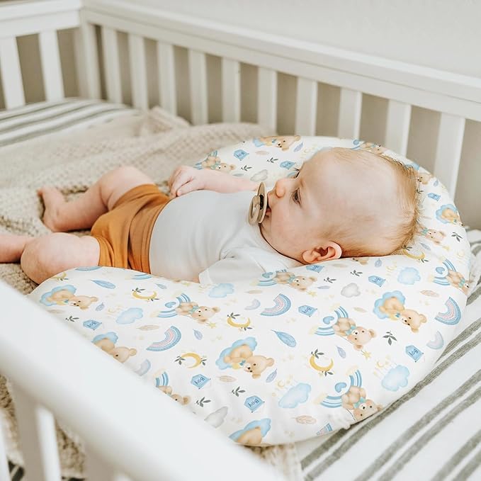 Watercolor Bear Rainbow Blue Baby Nursing Pillow Covers for Girl Boy Cute Bears Moon Stars Clouds Nursery Slipcovers for Breastfeeding Pillows Pastel Animal Soft Stretchy Cover for Newborn Infant
