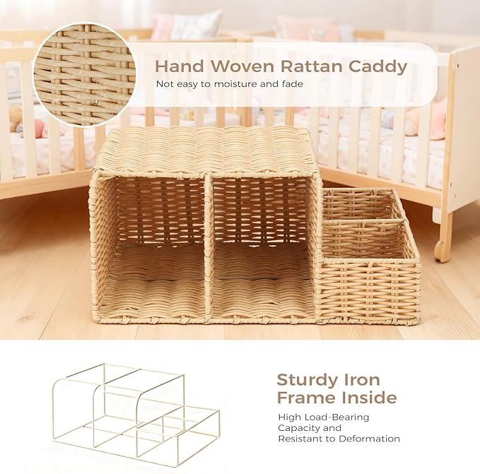 Diaper Caddy Organizer, Hand Rattan Nursery Storage Basket for Baby Essentials, Baby Changing Table Organizer Perfect Nursery Assistant (Natural Light Woven - Style 1, M)