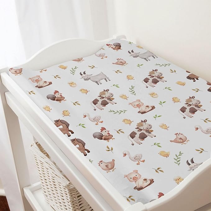 Baby Farm Life Changing Pad Cover for Boy Girl 32''x16'' Farm Animals Pig Goat Horse Cow Chick Rooster Duck Leaves Fitted Changing Pad Sheets Soft Breathable Diaper Change Table Mats