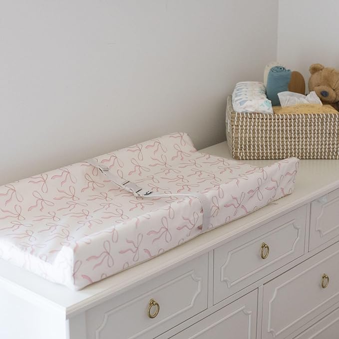 Tiny Twinkle Diaper Changing Pad for Dresser & Nursery Table – Waterproof, Wipeable & Mess-Proof Baby Changing Pad with Safety Strap, Non-Slip Base & Removable Washable Cover(Bows)
