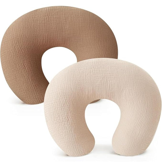2 Pack Newborn Muslin Nursing Pillow Covers Soft Nursing Cover for Breastfeeding Pillow Slipcover for Baby Girls Boys (Cream+Brown)