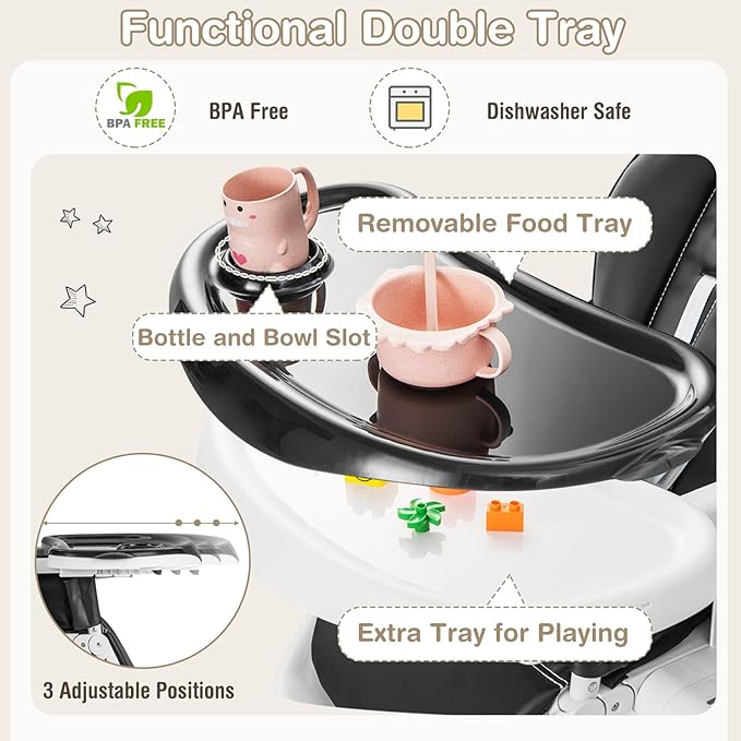 HONEY JOY High Chair with Wheels, Foldable Highchair for Babies & Toddlers, Adjustable Backrest/Footrest/Seat Height, Double Removable Trays, Detachable Seat Cushion for Boys Girls