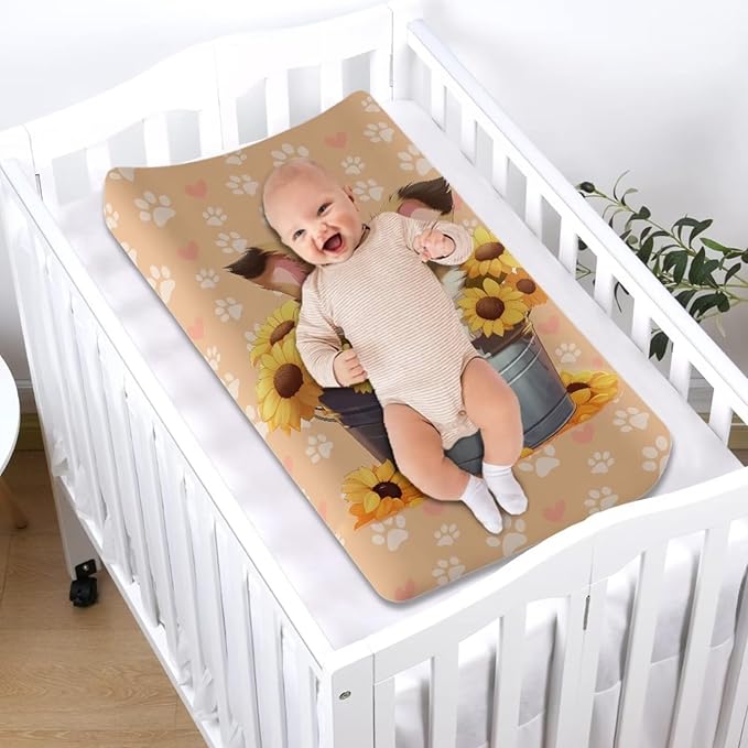 Stretchy Diaper Changing Table Cover, Snug and Soft Change Table Pad Covers Fit 16 * 32 Inches, Sunflower Puppy