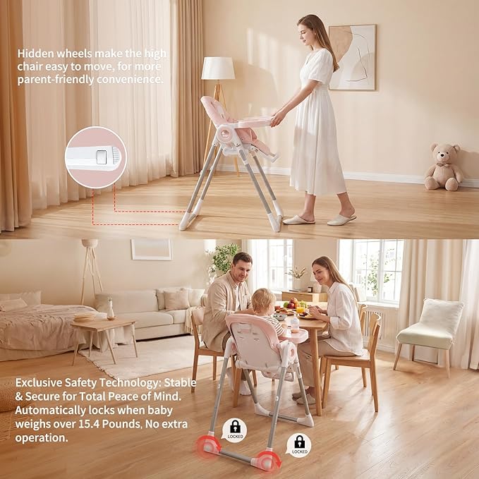 Babilous High Chair, Foldable High Chairs for Babies and Toddlers, Ultra Safe for Infant with Lockable Wheels, Easy Clean, Removable Tray/Adjustable Footrest for Baby Feeding HighChair, Pink