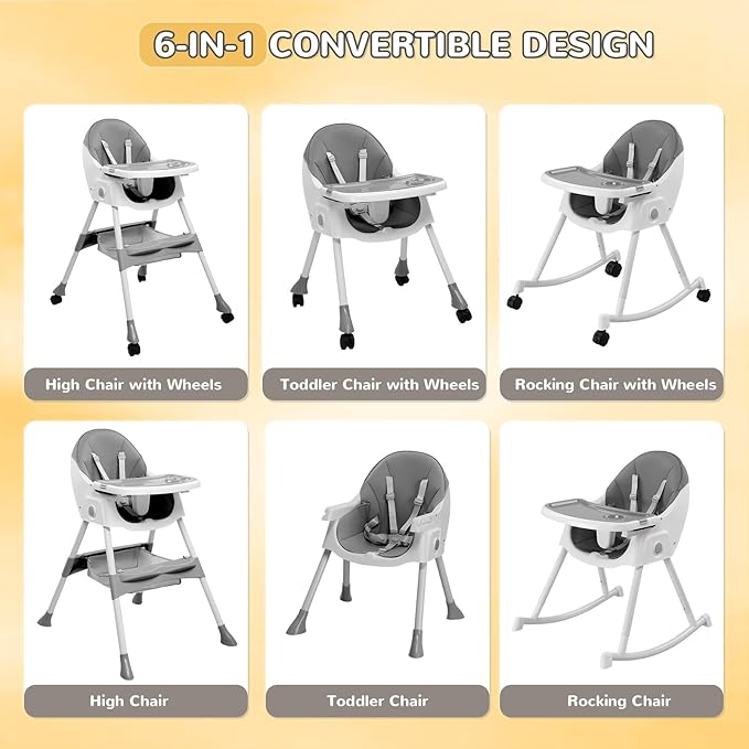 Ktaxon Baby High Chair, 6-in-1 Portable Feeding Rocking Seat with Adjustable Backrest, Removable Tray and 5-Point Safety Harness, Travel Folding Highchair for Toddlers & Babies, Grey