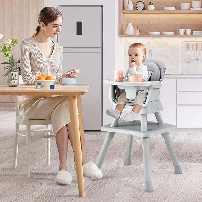 HOMGX Baby High Chair, 8-in-1 Convertible High Chair w/Removable Tray & Safety Harness, Infant Dining Booster Seat, Building Block Table & Chair Set, Highchair for Babies and Toddlers (Grey)