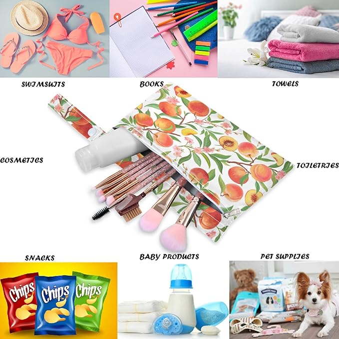 visesunny Peach Tropic Fruit Leaf Flower 2Pcs Wet Bag with Zippered Pockets Washable Reusable Roomy Diaper Bag for Travel,Beach,Daycare,Stroller,Diapers,Dirty Gym Clothes,Wet Swimsuits,Toiletries